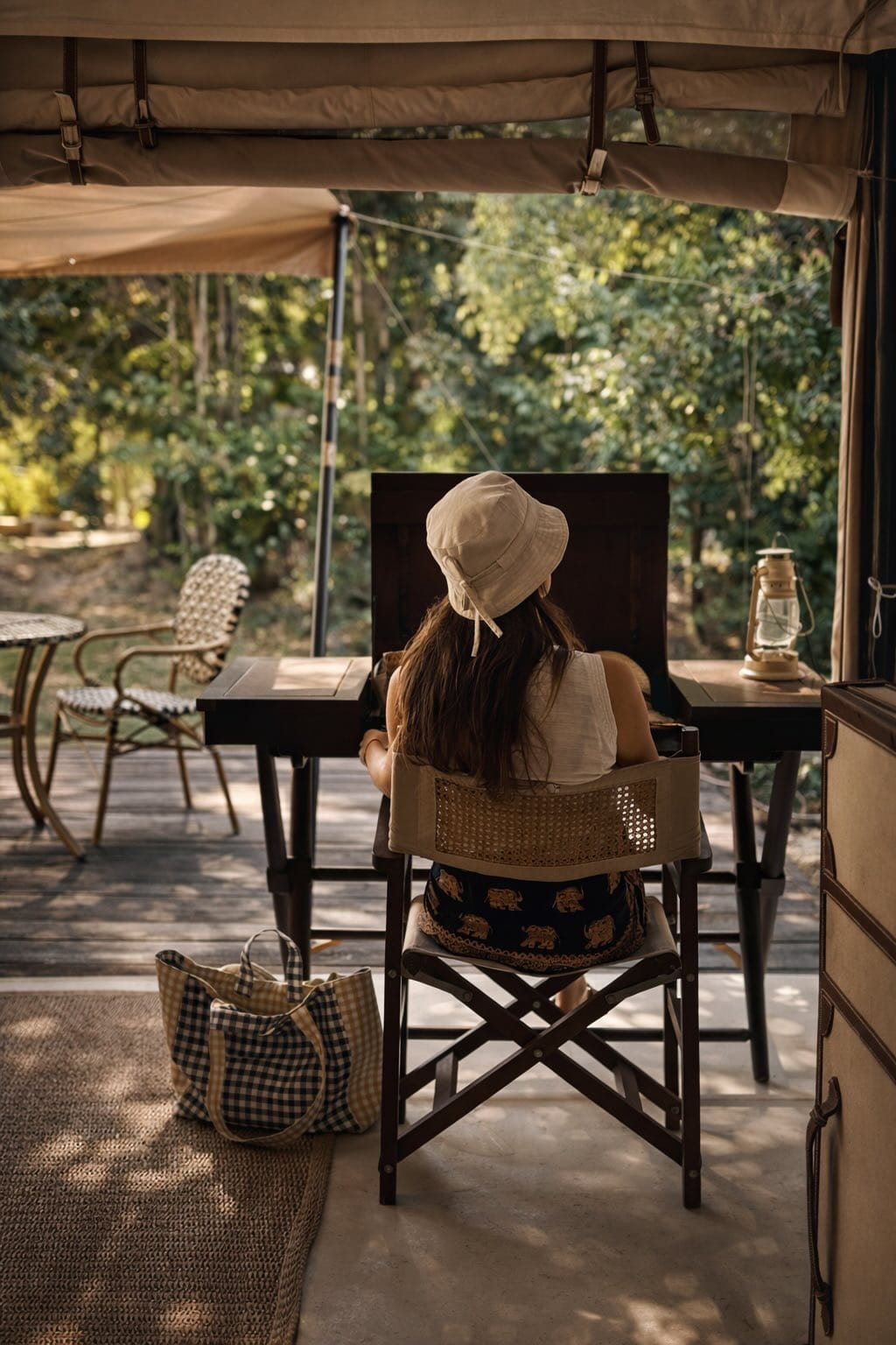 Reversible Bucket Hat in Beige, inside Blue Krama, handmade in Cambodia